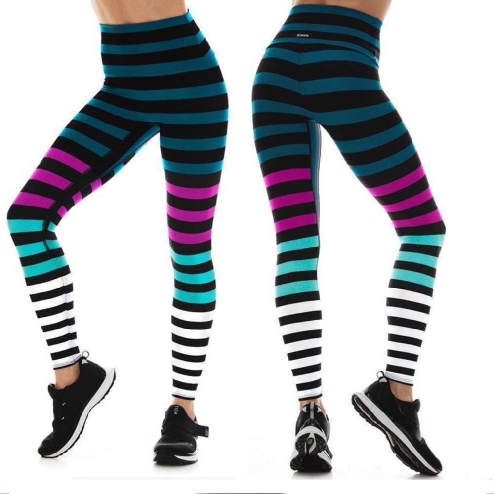 K-DEER Black Teal Purple Striped High-Waist Leggings